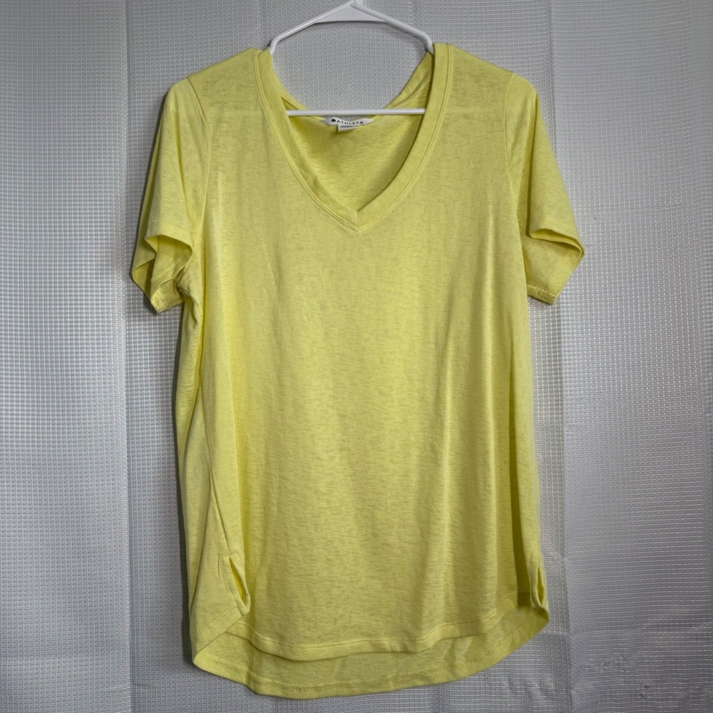 Athleta V-Neck T-Shirt Slub Knit Short Sleeve Curved Hem Activewear Yellow L